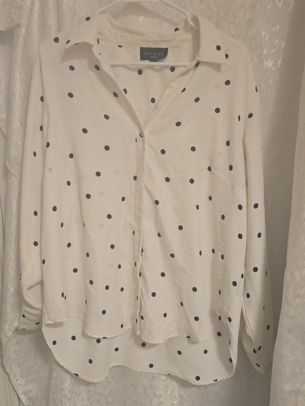 Premise Cream Button-Down Shirt with Navy Polka Dots